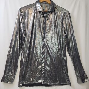 PJ Paul Jones Silver Metallic Button Up Shirt‎ Men's Size Medium